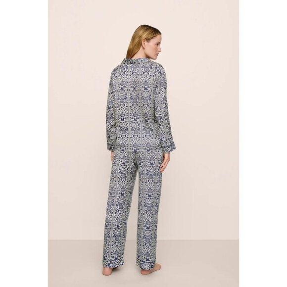 Eberjey x Casa Del Sol - Inez Washable Silk Printed Long PJ Set in Azulejos Navy - Picture 4 of 9